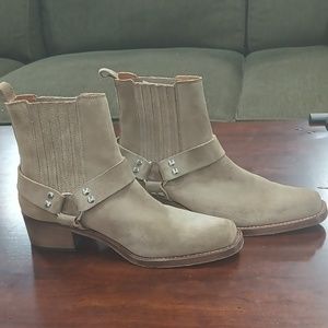 Toral Tan Suede Leather Square Toe Block Heel Harness Western Ankle Boots Bootie